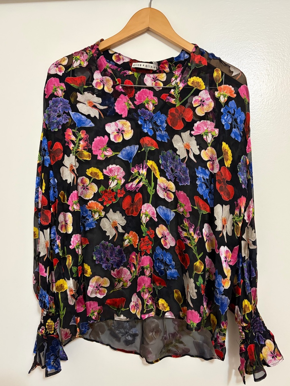 Alice + Olivia Onica Floral Print Fil Coupe Chiffon Blouse - Picture 7 of 12